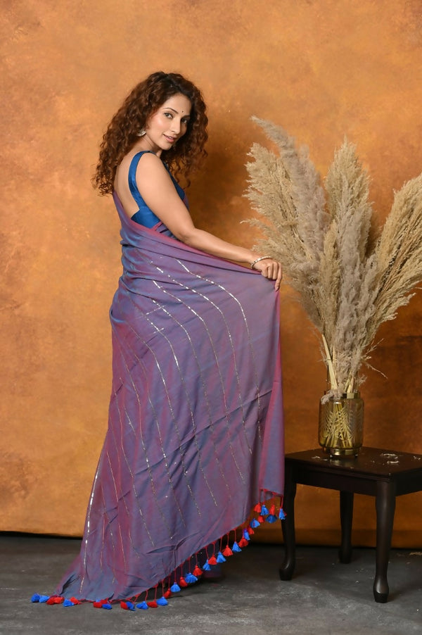 Very Much Indian Designer Mul Cotton Handloom Saree with Sequins - Purple - Distacart