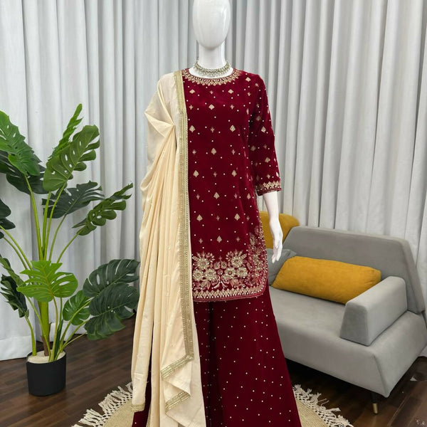 Vastranavya Maroon Viscose Velvet Intricate Thread & Sequence With Pearl Work Top Palazzo With Dupatta