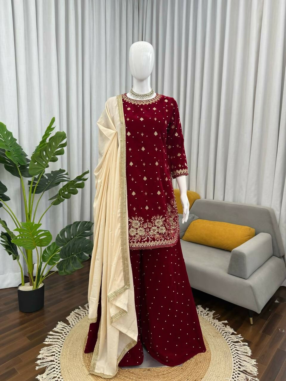 Vastranavya Maroon Viscose Velvet Intricate Thread & Sequence With Pearl Work Top Palazzo With Dupatta - Distacart