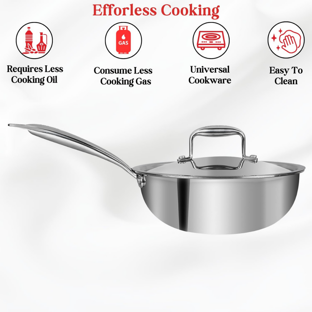 Vinod Platinum Triply Stainless Steel Deep Frying Pan with Lid - Dista