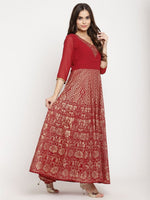 Thumbnail for Ahalyaa Women's Maroon Georgette Gold Foil Print Flared Kurta With Dupatta