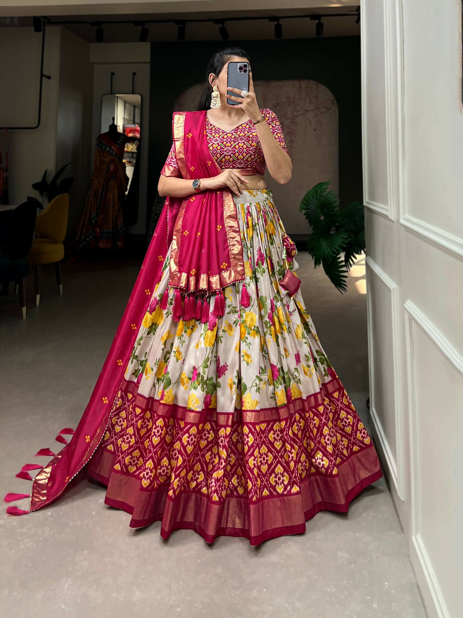 Vastranavya Exquisite Tussar Silk Lehenga Set With Perfect Floral And Patola Print Design Lehenga Choli - Pink - Distacart