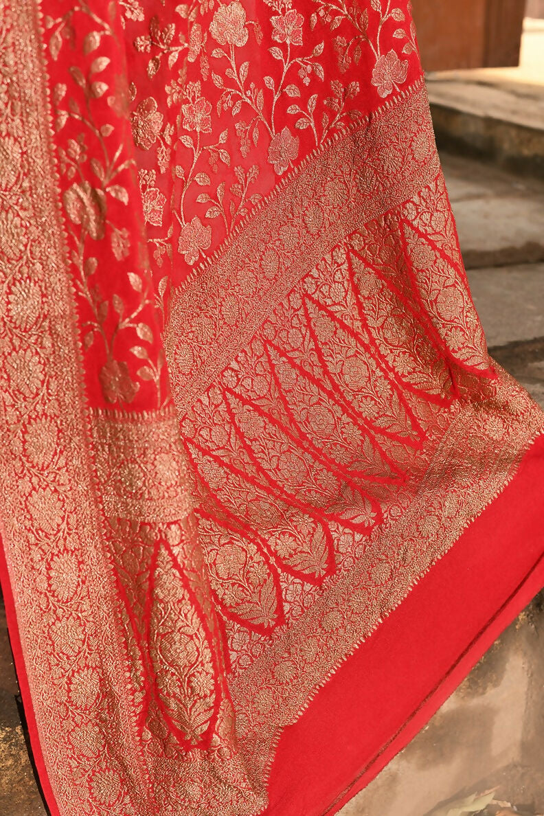 Joban Fashion Red Crepe Chiffon Banarasi Pure Handloom Banarasi Silk Saree