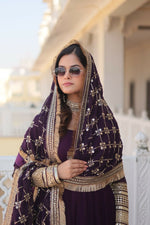 Thumbnail for Jyoti Fashion Women's Wine Faux Blooming Sequins Zari Embroidered Anarkali Dress with Dupatta - Distacart