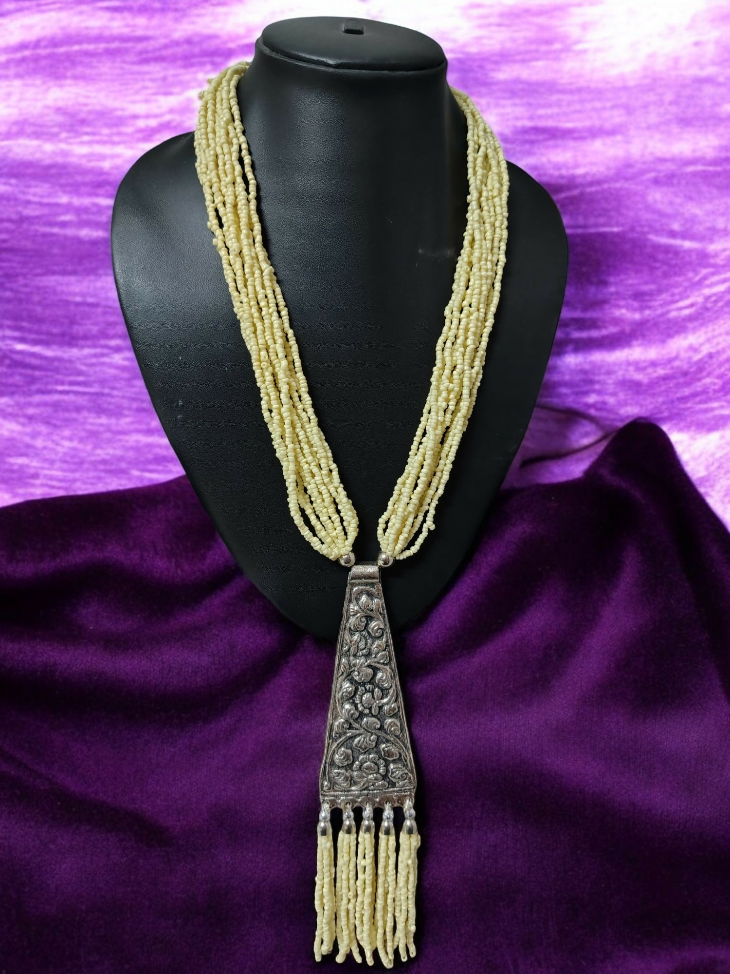 Inhanns Day-To-Dinner Tie Shaped Oxidized Black Metal Multi-Layered Long Only Necklace - Cream - Distacart