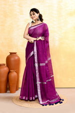 Thumbnail for Piyari Fashion Women's Magenta Embellished Cotton Blend Zari Border Handloom Saree - Distacart