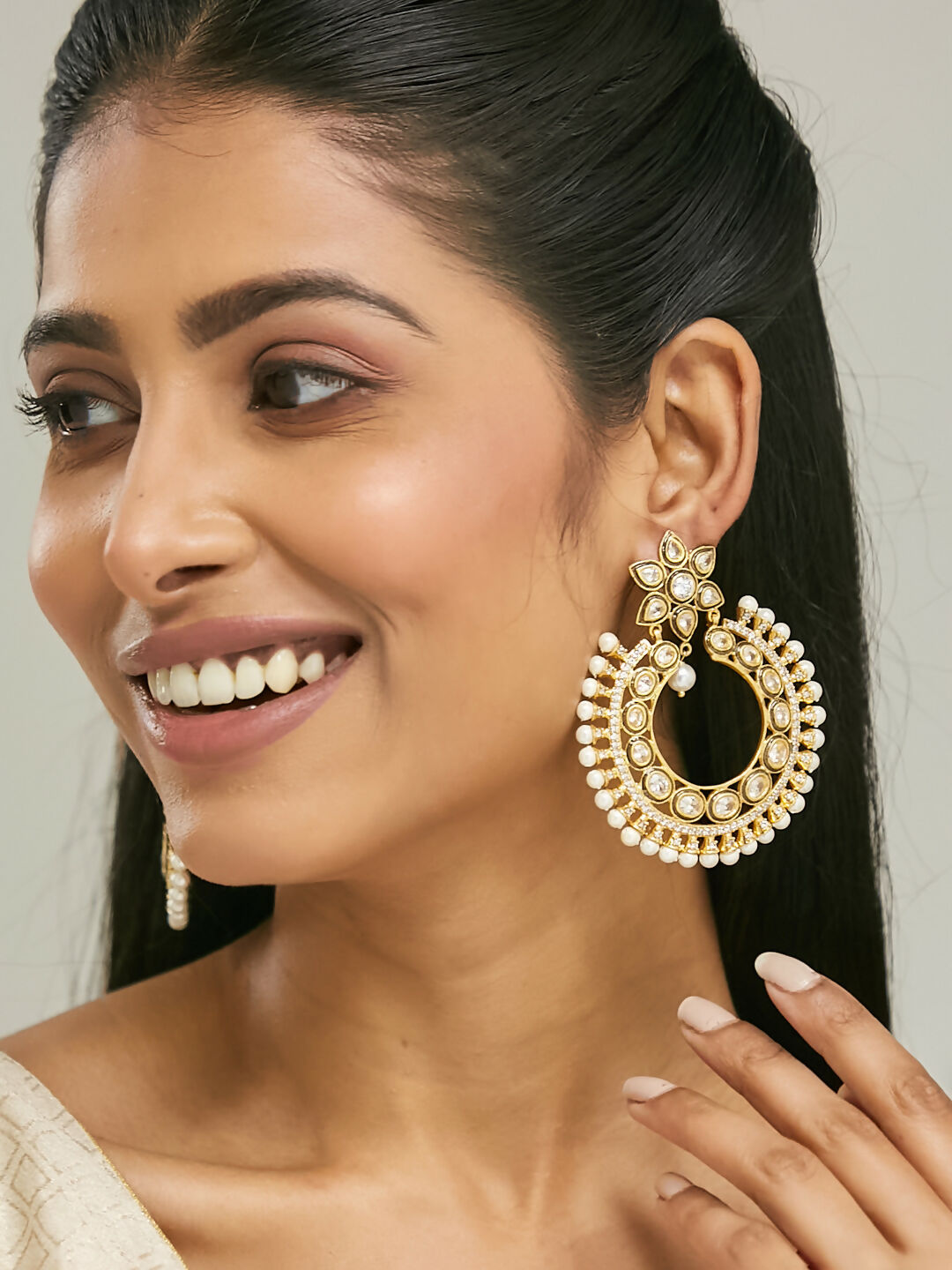 Nuyug 22K Gold-Plated Kundan Studded & Pearl Beaded Floral Chandbali Earrings