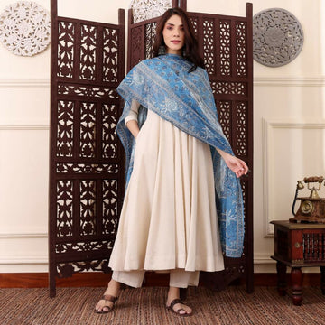The52 Women's Beautiful Solid Chanderi Silk Fabric Flared Anarkali Pant and Dupatta Set-Off White - Dista
