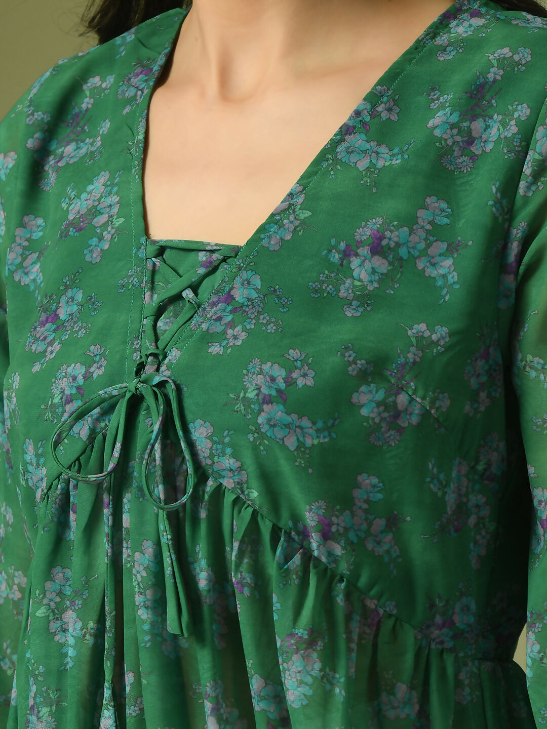 Myshka Women's Green Printed Georgette A-Line Nyra-cut Kurta - Distacart