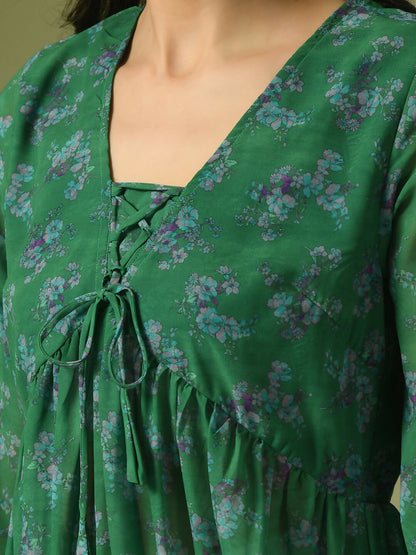 Myshka Women's Green Printed Georgette A-Line Nyra-cut Kurta - Distacart