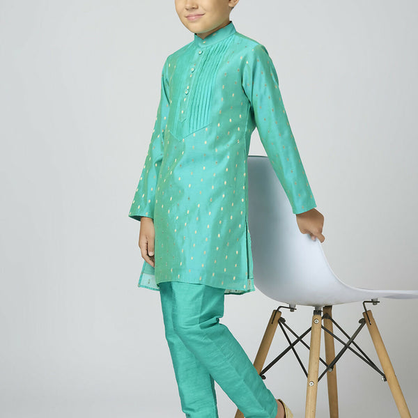 Joban Fashion Kids Island Full Sleeves Chanderi Kurta, Pyjama Set with Traditional Butta Work - Sea Green - Distacart