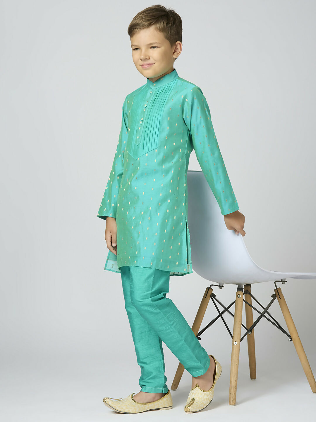 Joban Fashion Kids Island Full Sleeves Chanderi Kurta, Pyjama Set with Traditional Butta Work - Sea Green - Distacart