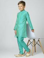 Thumbnail for Joban Fashion Kids Island Full Sleeves Chanderi Kurta, Pyjama Set with Traditional Butta Work - Sea Green - Distacart
