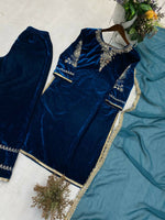 Thumbnail for Vastranavya Teal Velvet Cording Sequence Embroidery Work Suit With Dupatta