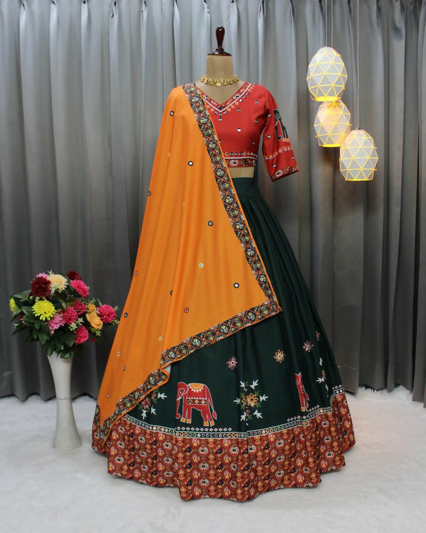 Preksha Creation Soft Butter Silk With Digital Prints Women Lehenga Choli With Real Mirror Work - Red - Distacart