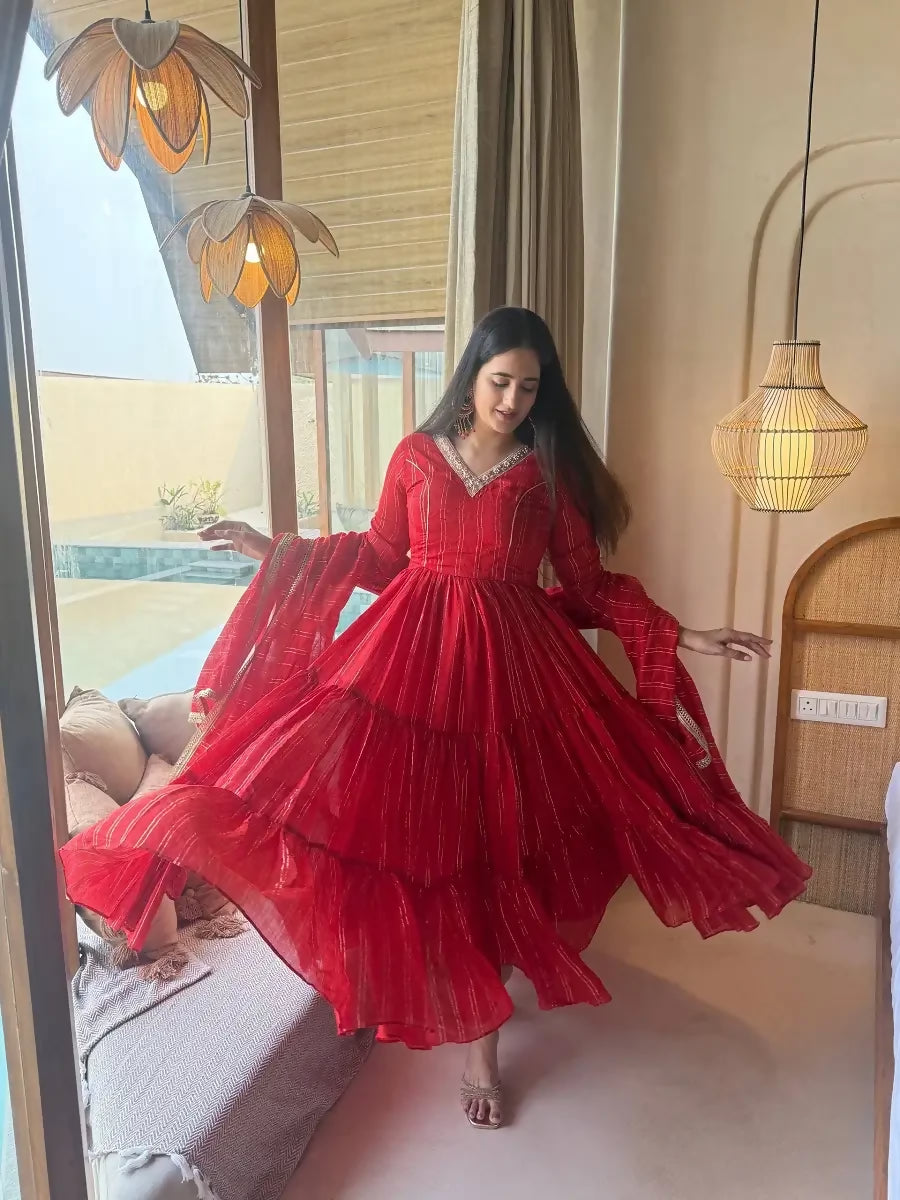 Teeya Creation Festive Red Striped Anarkali Suit with Dupatta and Pant Set