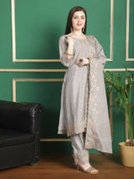 Thumbnail for Aastha Fashion Women's Grey Chinon Chiffon Floral Embroidery with Cording & Crystal Work Designer Straight Suit Set - Distacart