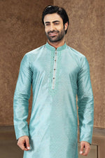Thumbnail for Raivat Ethnic Jacquard Banarasi Silk Thread Work Kurta Pajama In Sky Blue Colour - Distacart