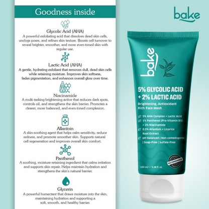 Bake 5% Glycolic Acid + 2% Lactic Acid Daily Face Wash - Distacart