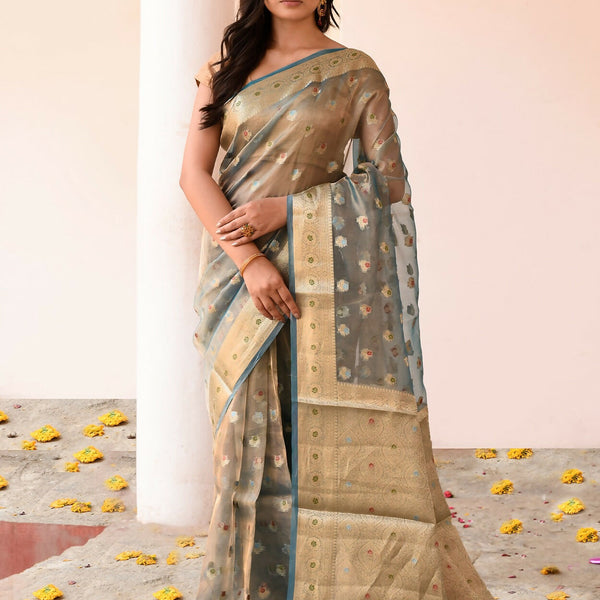 Joban Fashion Grey Pure Banarasi Tissue Saree