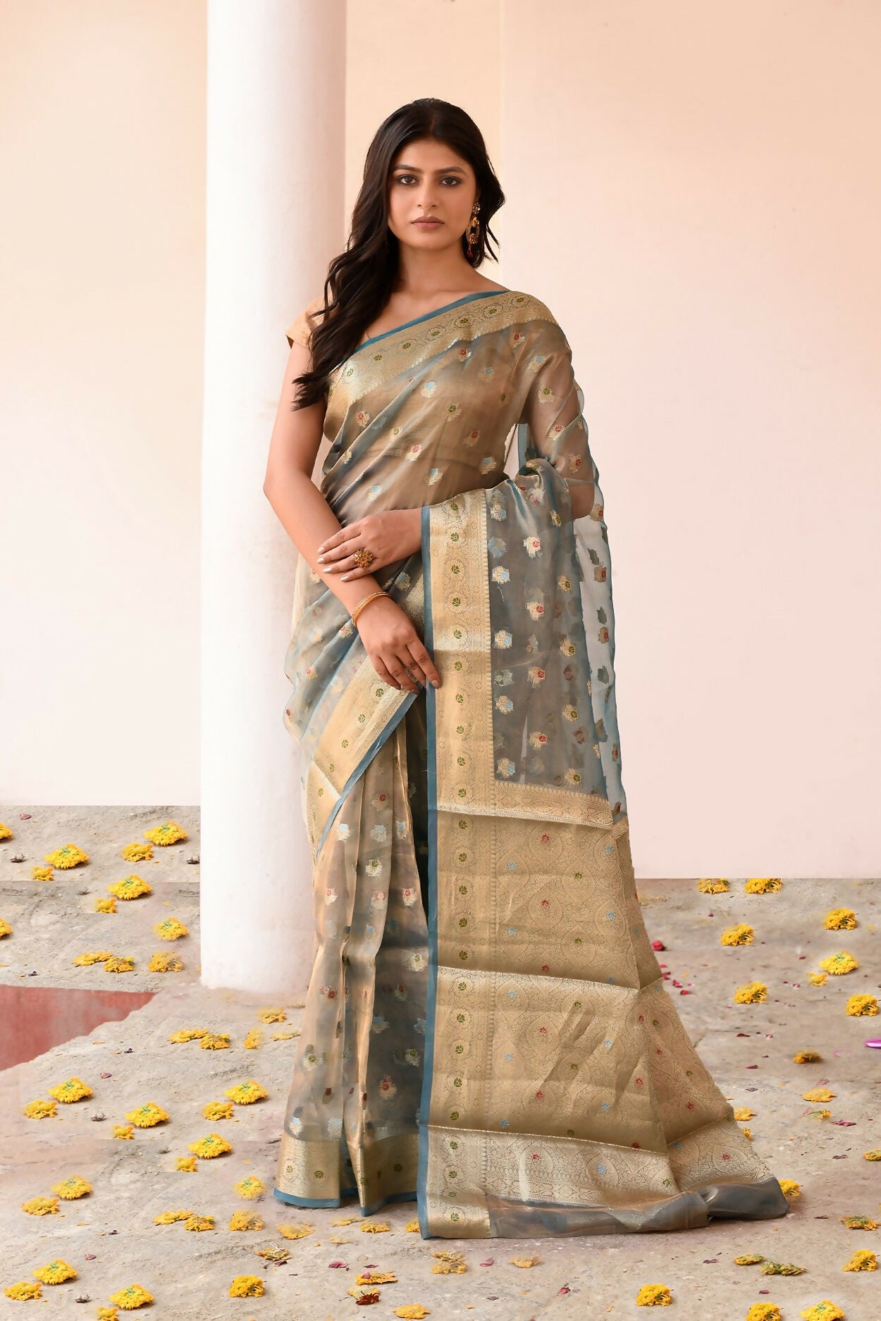 Joban Fashion Grey Pure Banarasi Tissue Saree - Dista
