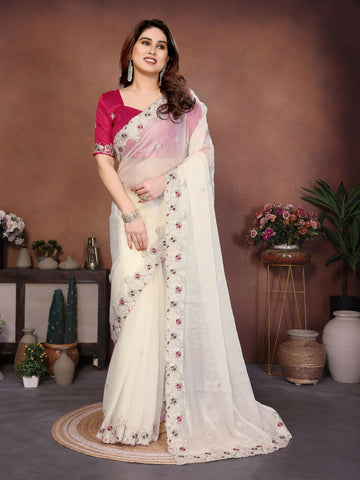Teeya Creation New Womens Latest Party Wear Soft Chiffon Silk Saree-White - Dista