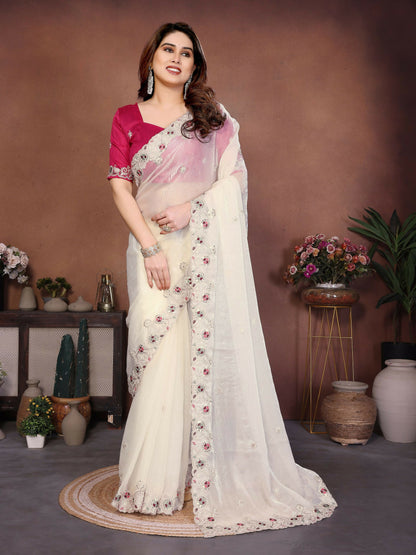 Teeya Creation New Womens Latest Party Wear Soft Chiffon Silk Saree-White - Dista