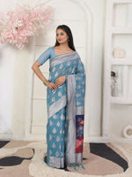 Thumbnail for Astita Linen Cotton Sky Blue Saree