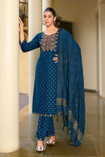 Thumbnail for Jyoti Fashion Women's Morpich 14KG Rayon Foil Print with Embroidery Kurta Set - Distacart