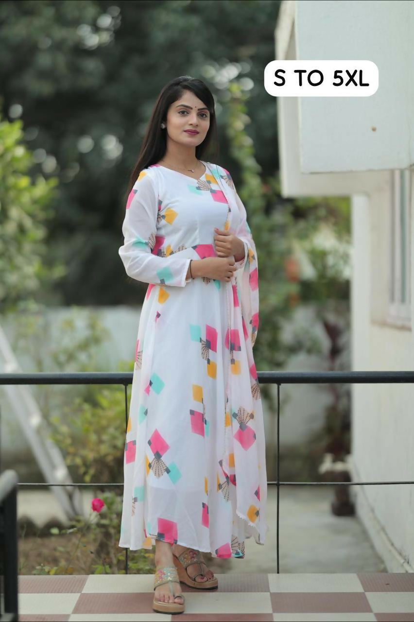 Preksha Creation Fox Georgette Maxi Dress With Dupatta Pair It Finely Combination Of Flower - White - Distacart