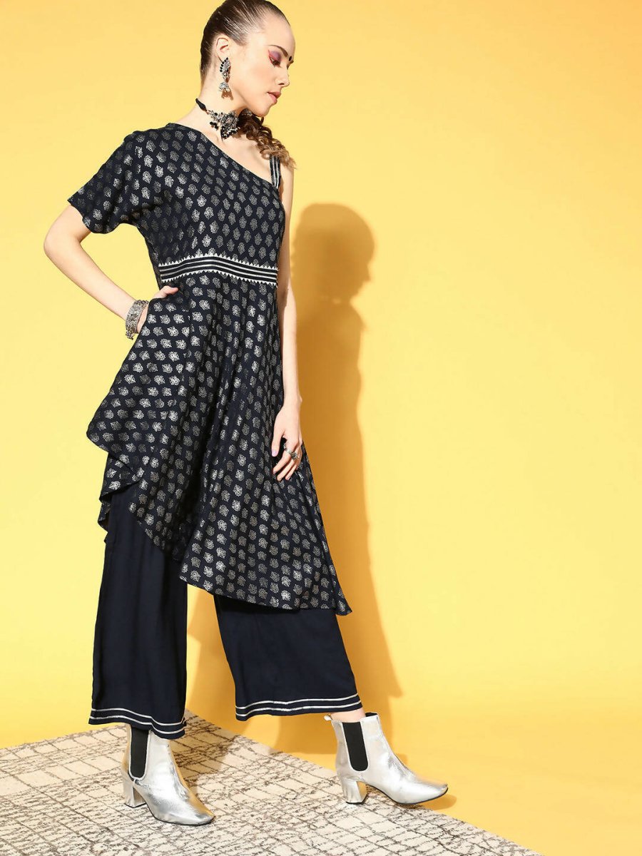 Ahalyaa Women Navy Blue Colour Rayon Silver Foil Printed Top Palazzo Set - Distacart