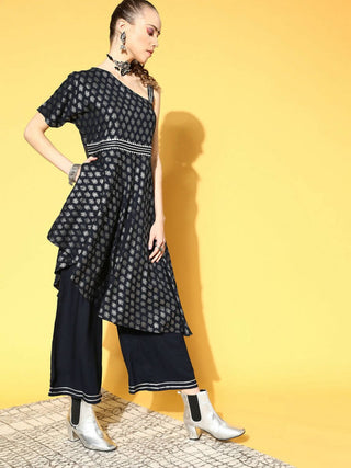 Ahalyaa Women Navy Blue Colour Rayon Silver Foil Printed Top Palazzo Set - Distacart