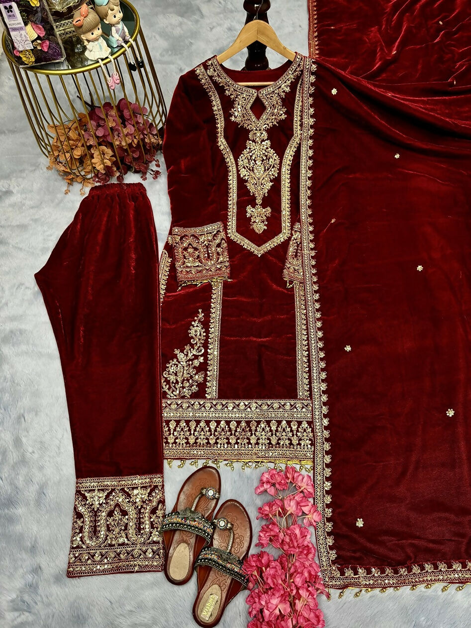 Teeya Creation Maroon Color Velvet Fabric Designer Embroidery Work Suit