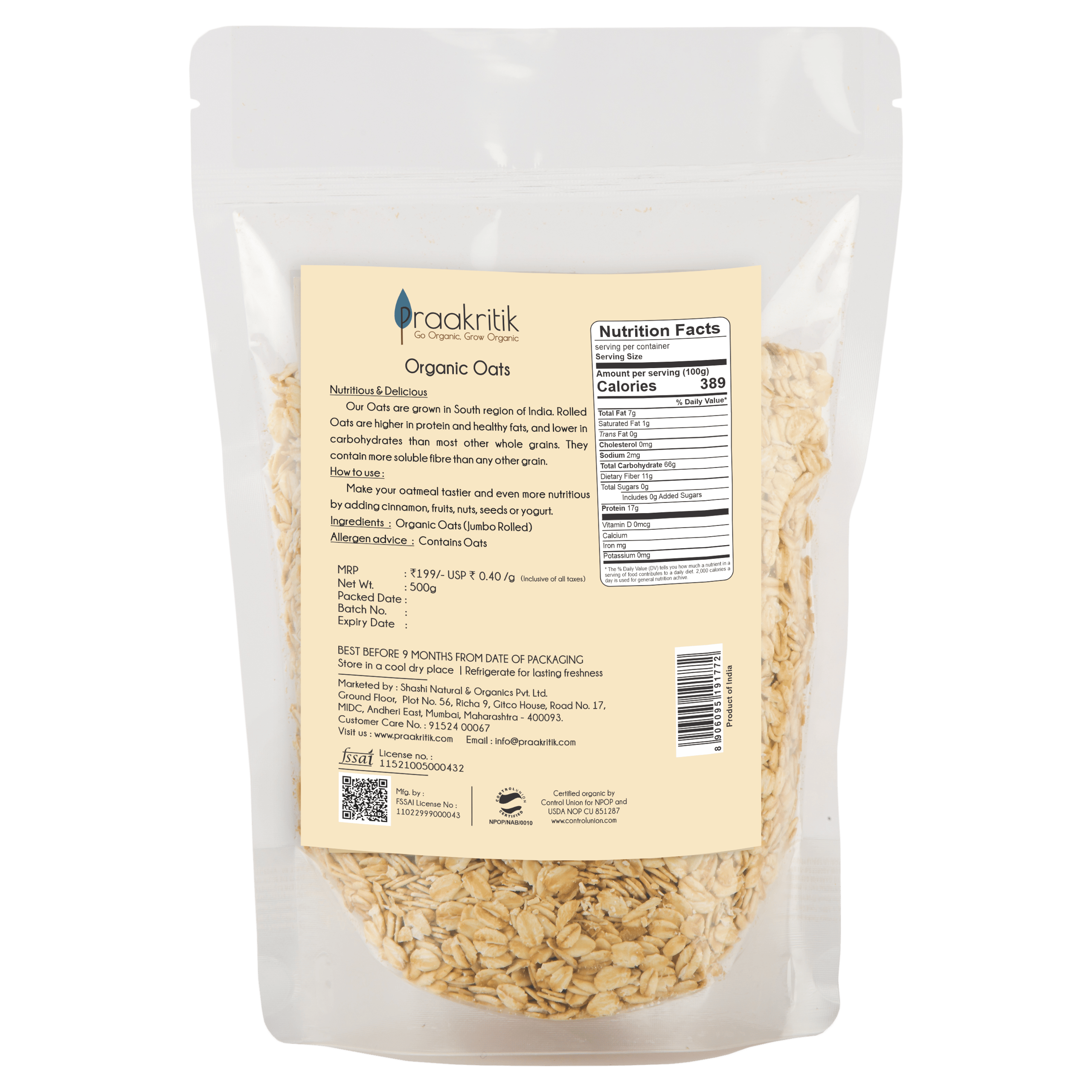 Prakritik Organic Jumbo Rolled Oats - Distacart