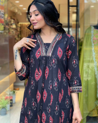 Preksha Creation Cotton Suit Set Full Flared Mugal Print Stright Suit - Black - Distacart