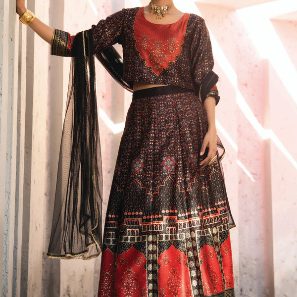 Juniper Black Ethnic Motif Printed Dull Satin Lehenga Choli & Net Dupatta Set - Distacart