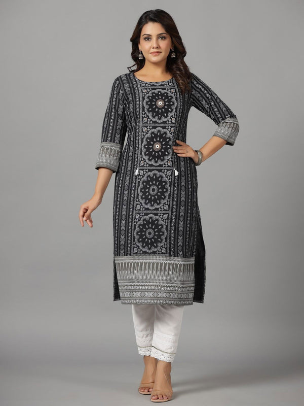 Juniper Women's Black Ethnic Motif Printed Rayon Slub Kurta With Beads & Sequins Work