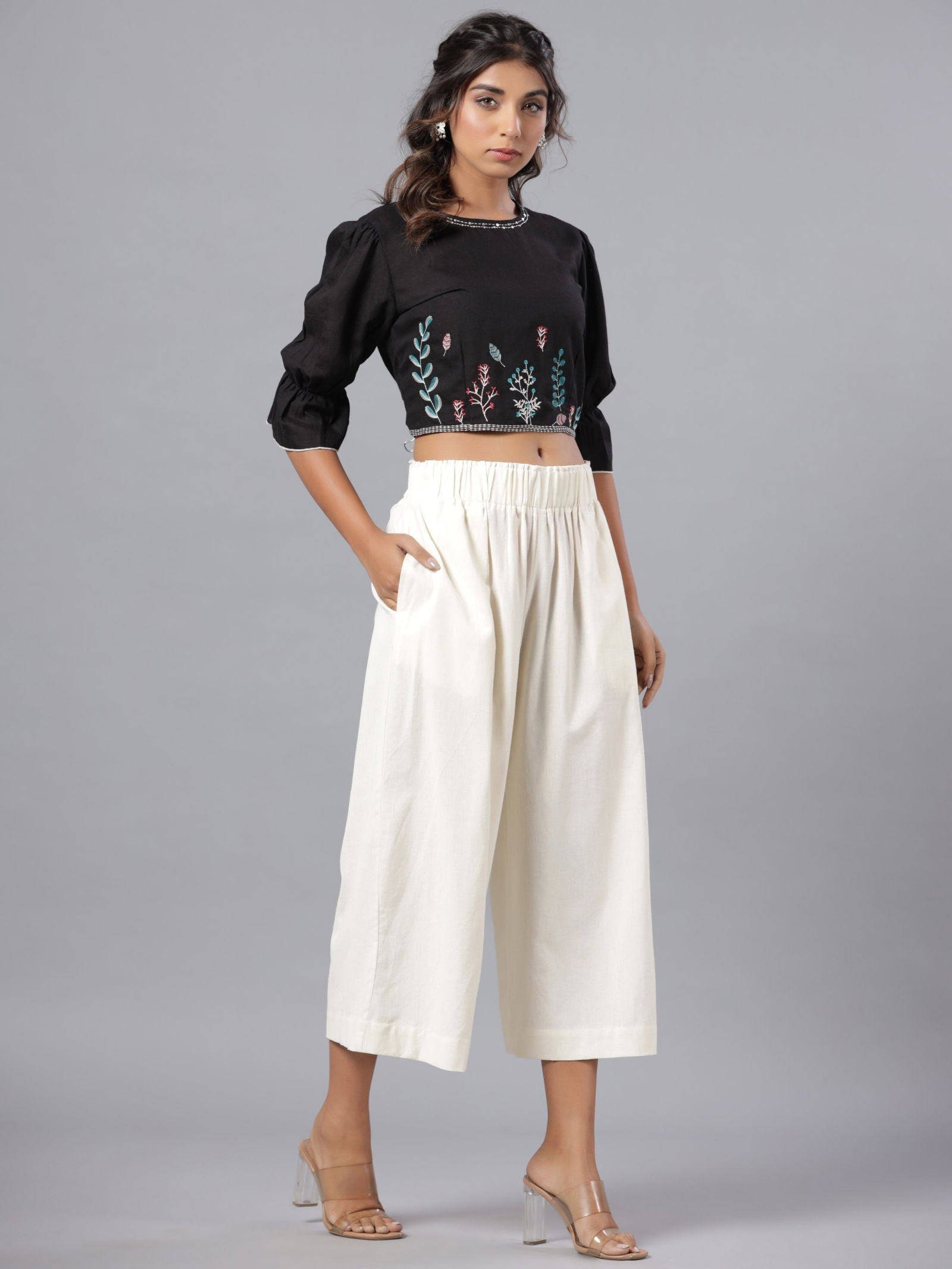 Juniper Black Floral Printed Rayon Flex Crop Top With Thread Embroidery - Distacart