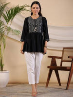 Thumbnail for Juniper Women's Black Geometric Printed Rayon Tunic With Thread Work