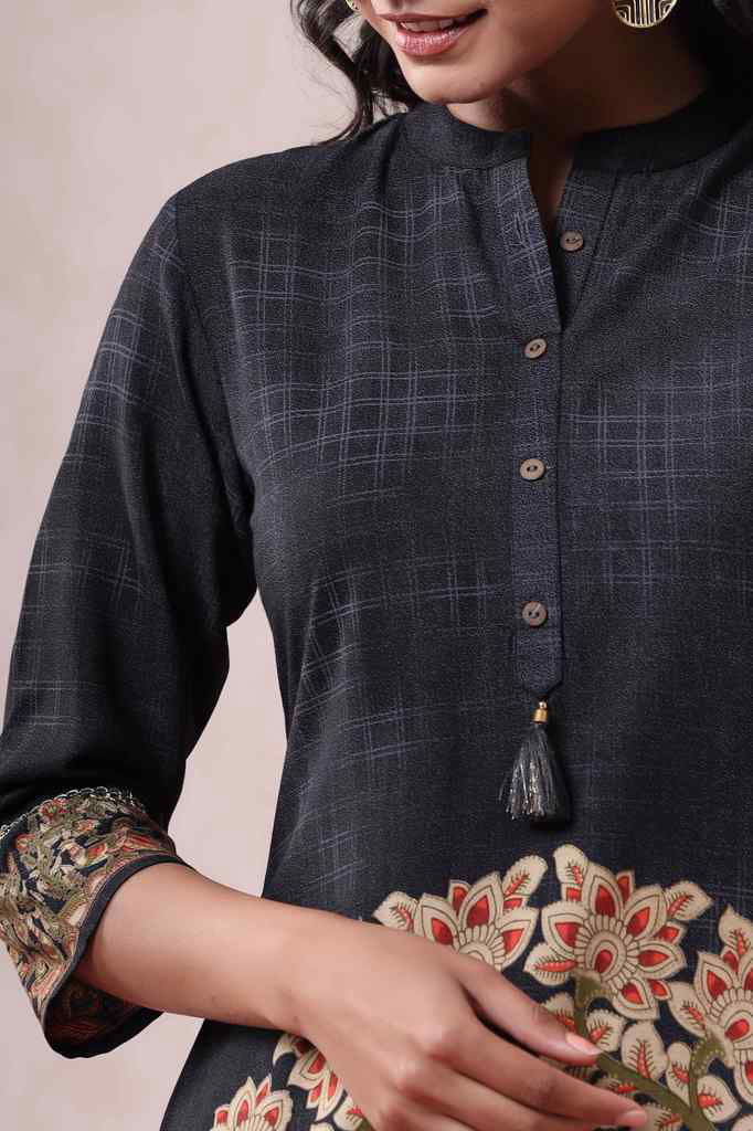 Juniper Black Liva Rayon Printed Straight Kurta - Distacart