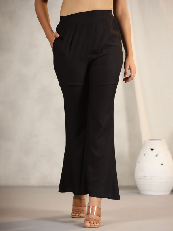 Juniper Women's Black Modal Rayon Women Partially Elasticated Bell Bottom Pants With Single Side Pocket - Distacart