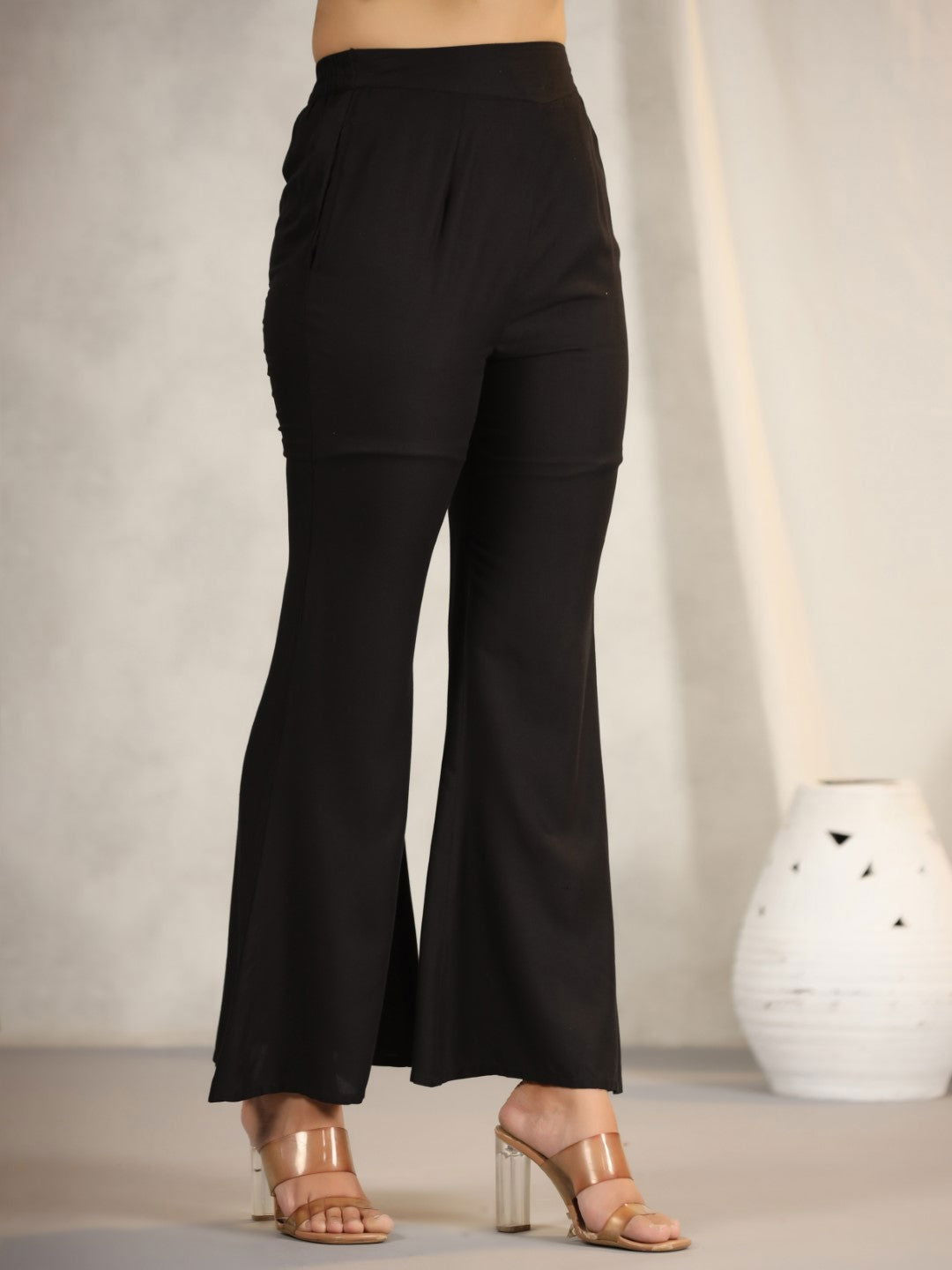 Juniper Women's Black Modal Rayon Women Partially Elasticated Bell Bottom Pants With Single Side Pocket - Distacart