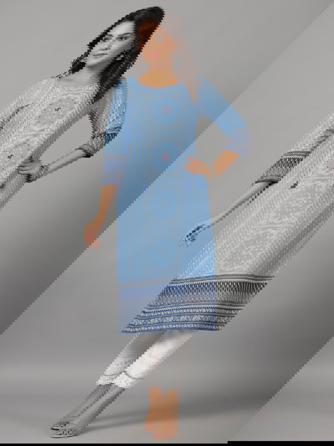 Juniper Women's Blue Ethnic Motif Printed Rayon Slub Kurta With Beads & Sequins - Distacart