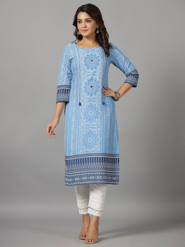 Juniper Women's Blue Ethnic Motif Printed Rayon Slub Kurta With Beads & Sequins - Distacart