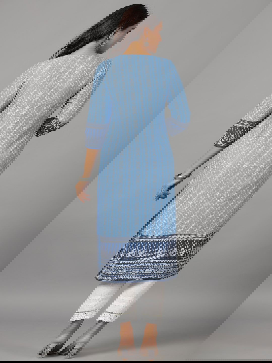 Juniper Women's Blue Ethnic Motif Printed Rayon Slub Kurta With Beads & Sequins - Distacart