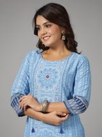 Thumbnail for Juniper Women's Blue Ethnic Motif Printed Rayon Slub Kurta With Beads & Sequins - Distacart