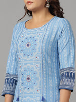 Thumbnail for Juniper Women's Blue Ethnic Motif Printed Rayon Slub Kurta With Beads & Sequins - Distacart