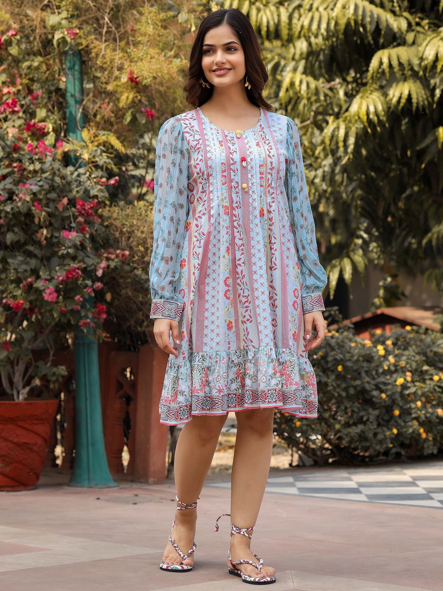 Juniper Women's Blue Floral Printed Pure Cotton Short Dress With Sequence Work - Distacart