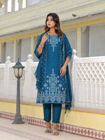 Thumbnail for Juniper Women's Blue Viscose Rayon Printed Kurta Set