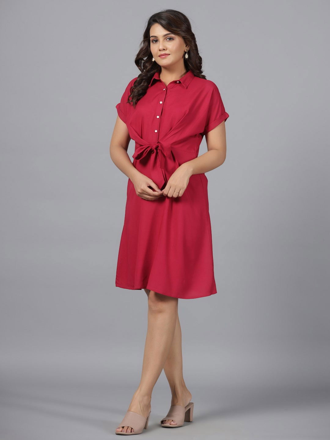 Juniper Fuchsia Solid Rayon A-Line Short Fusion Dress With Front Tie-Up - Distacart